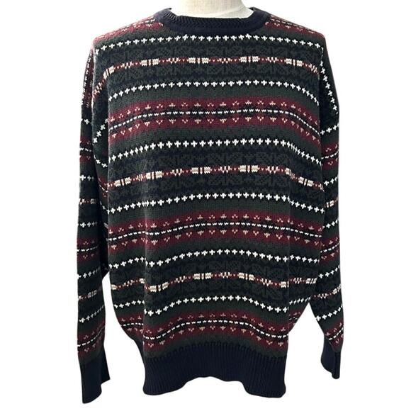 Vintage Woods & Gray Striped Knit Sweater XL Cottagecore Grandpa Navy Burgundy - Picture 9 of 9